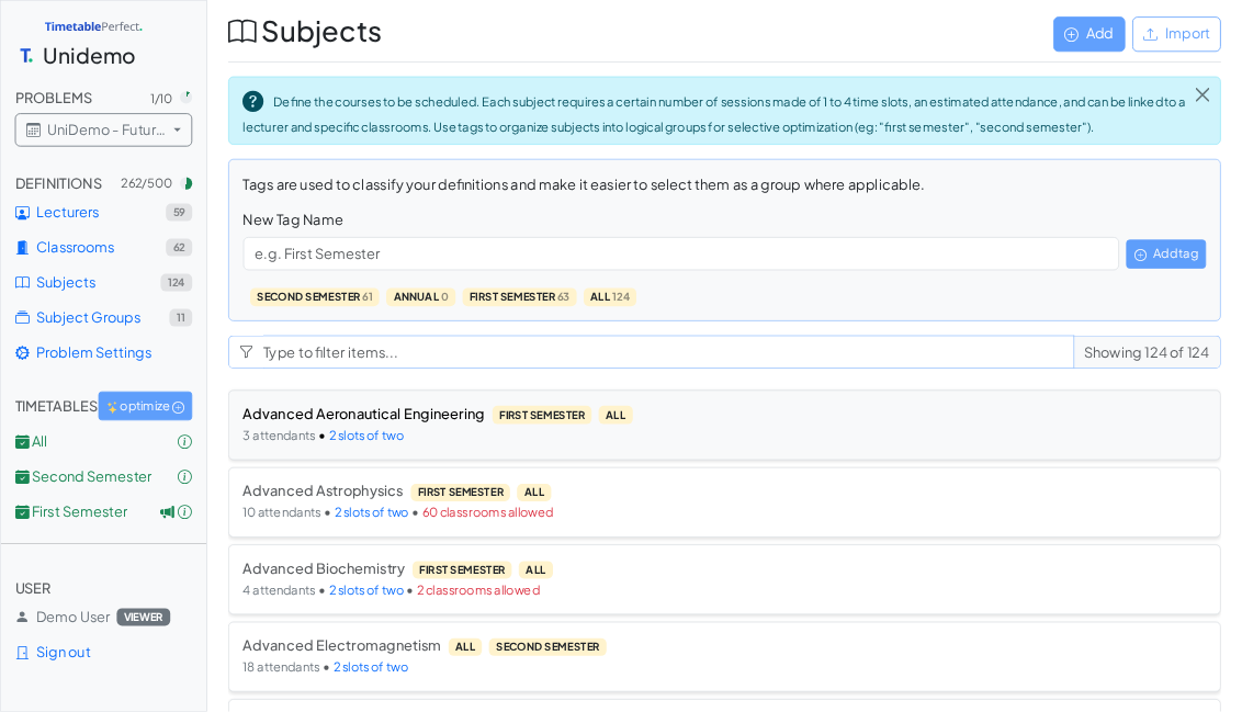 TimetablePerfect — manage subjects, their packs and tags