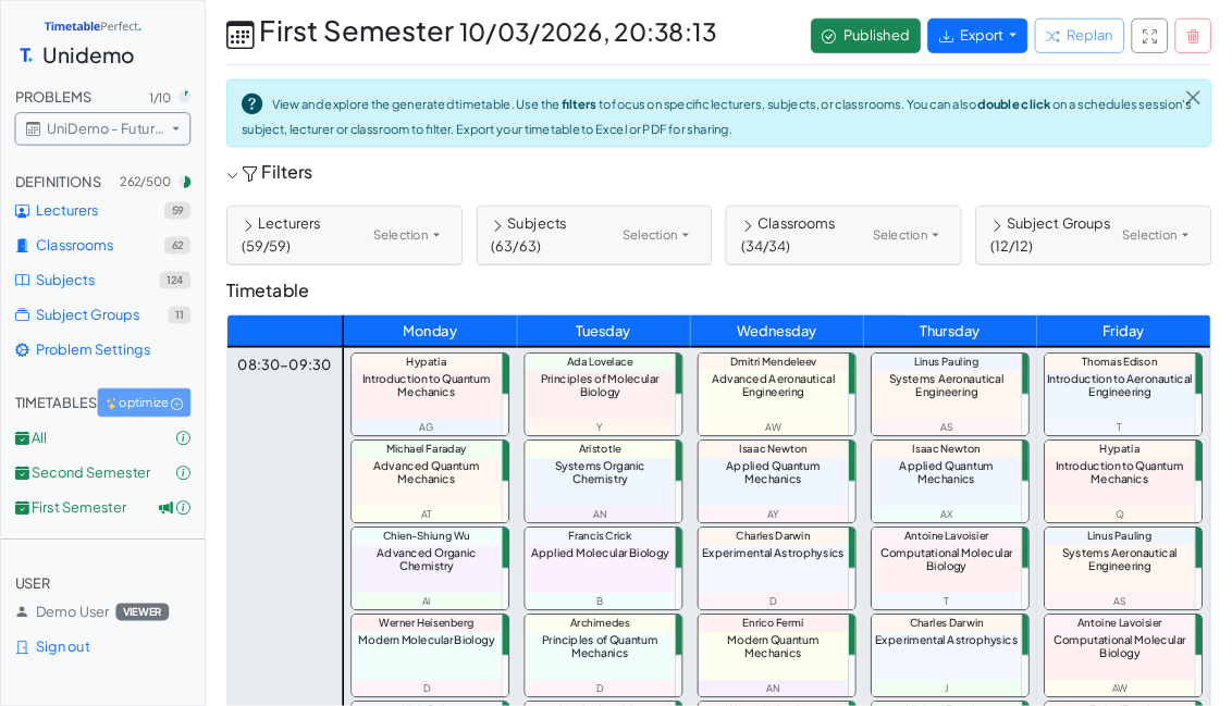 TimetablePerfect — a solved weekly timetable ready to review and filter